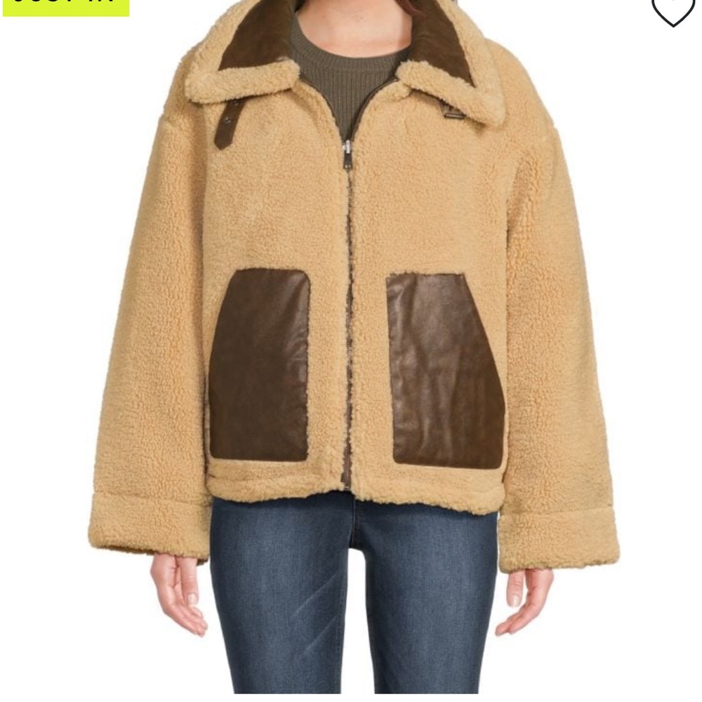 Tan Sherpa Jacket with Brown Leather Detail